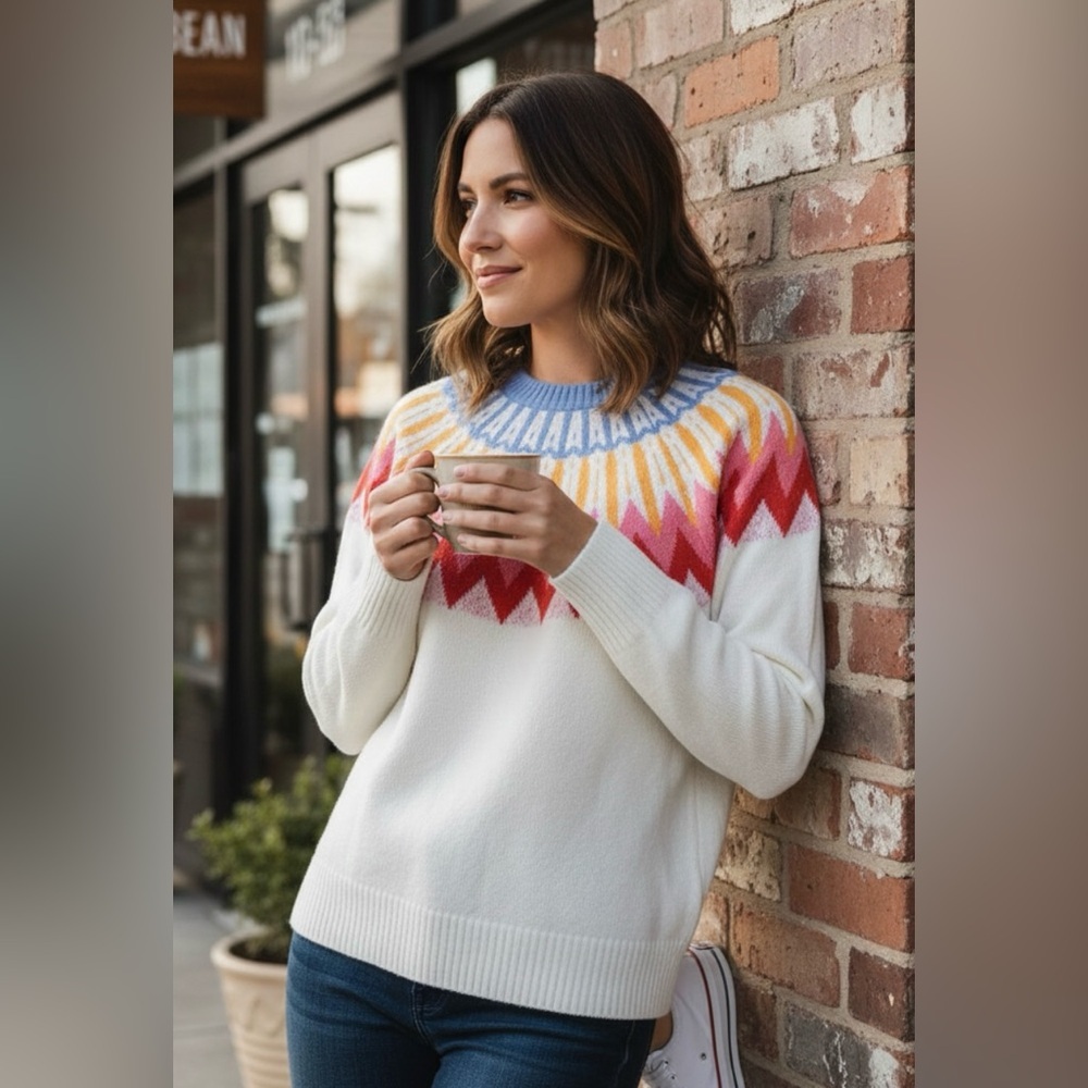 Nordic Pattern Crew Neck Sweater in Blue and Yellow